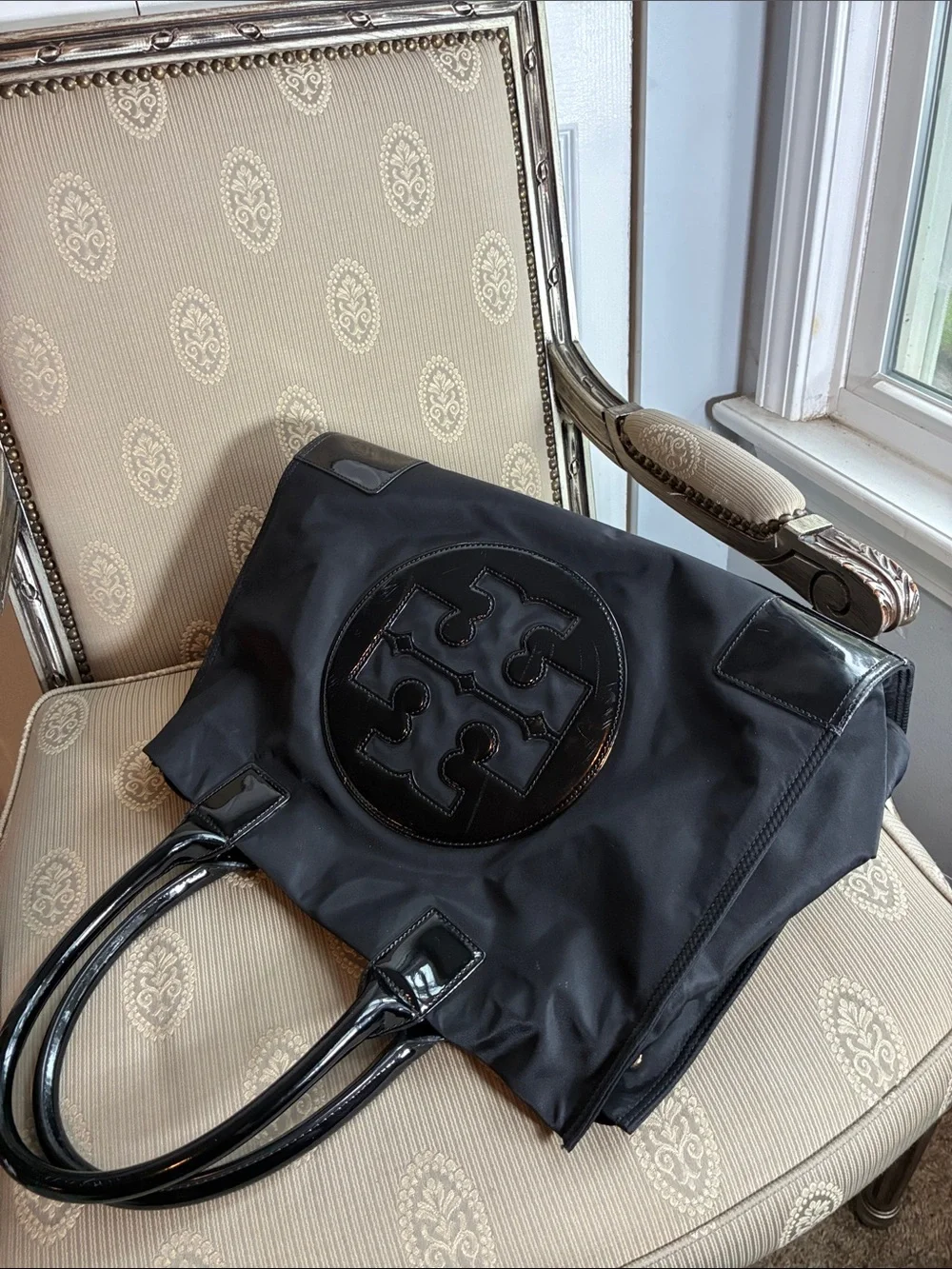 Tory Burch Black Nylon Tote with Glossy Patent Logo and Handles